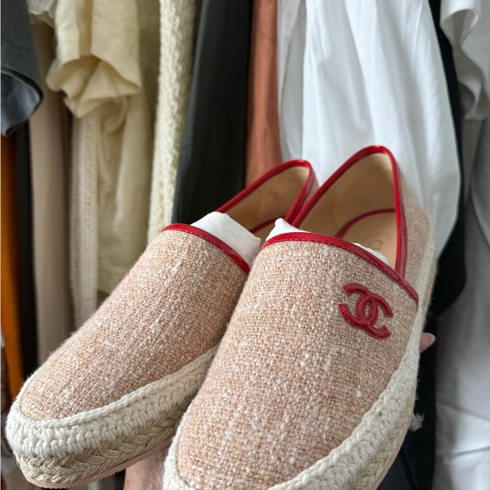 Chanel Women's Tan Espadrilles with Red Trim